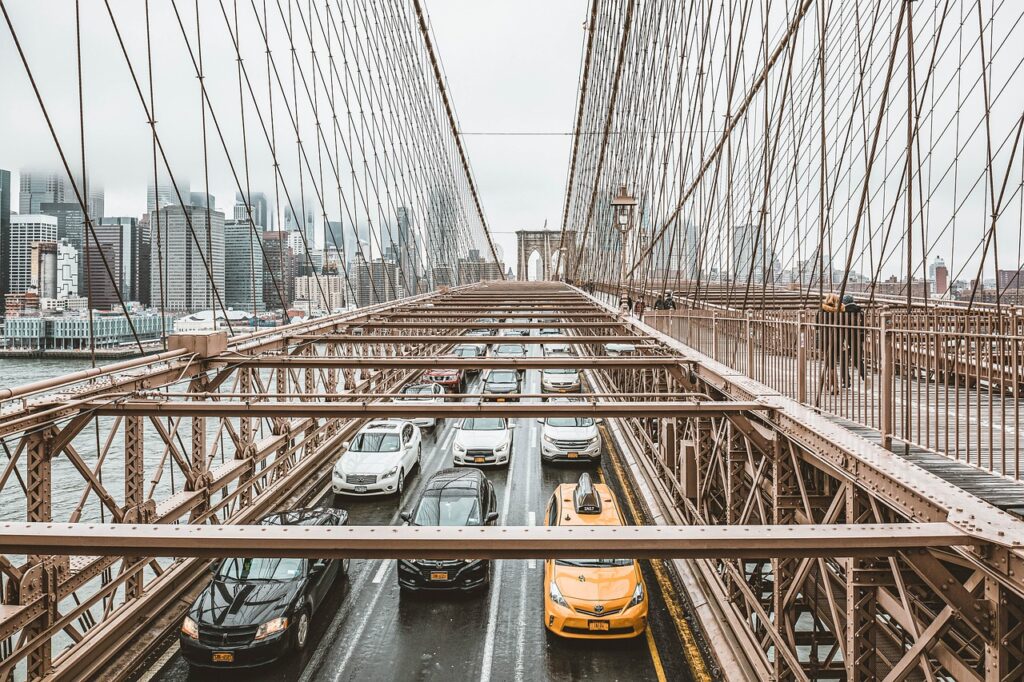 taxi, traffic, bridge