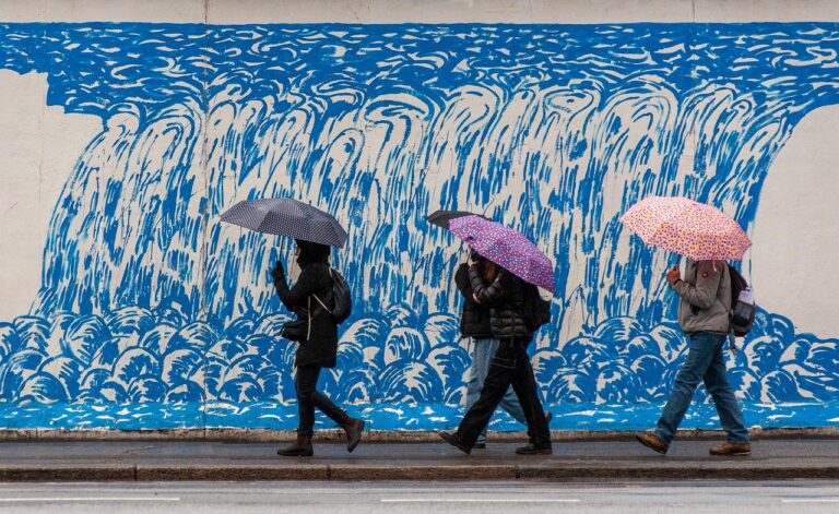 umbrellas, people, wall