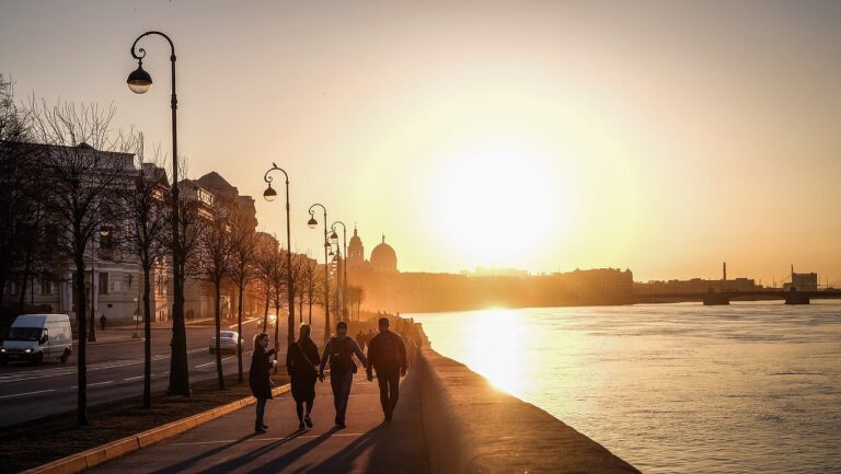 sunset, city, river