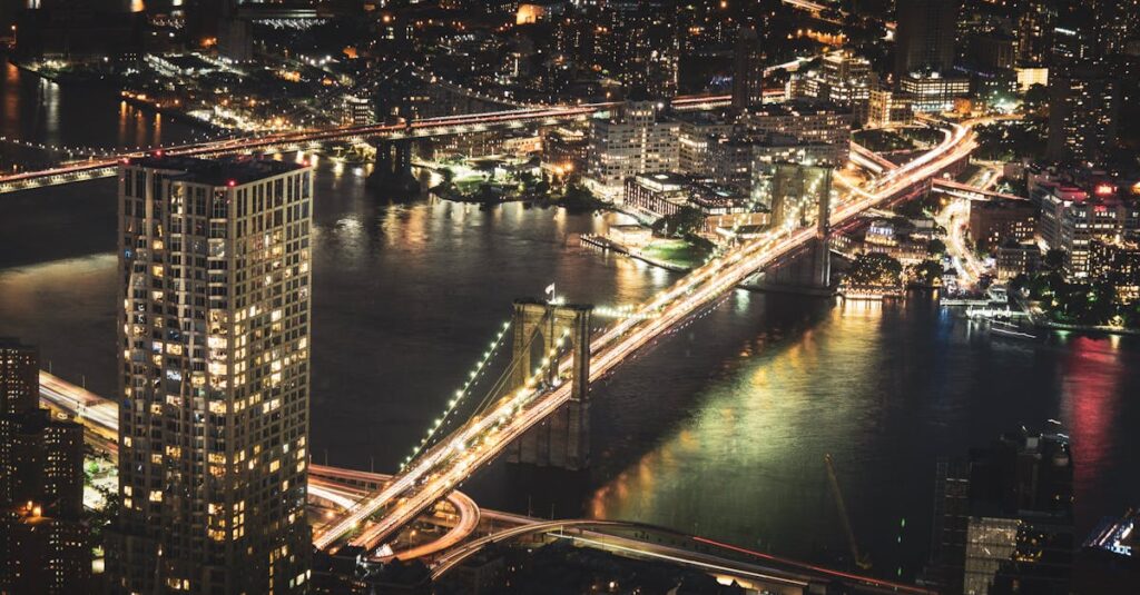 Aerial Photography of High Rise Buildings at Night Time