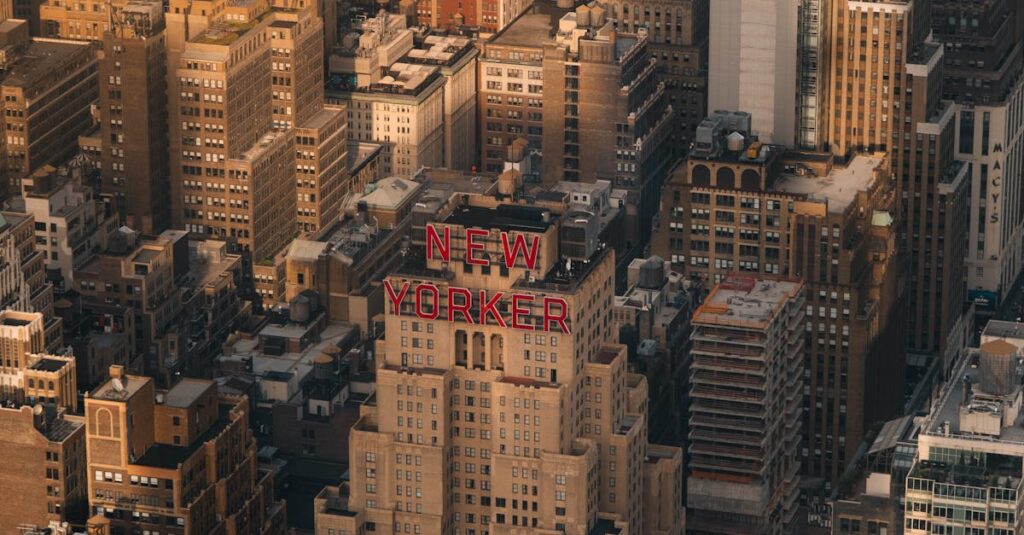 An aerial view of a city with a large building