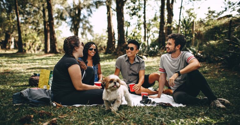 Group of People Sitting on White Mat on Grass Field