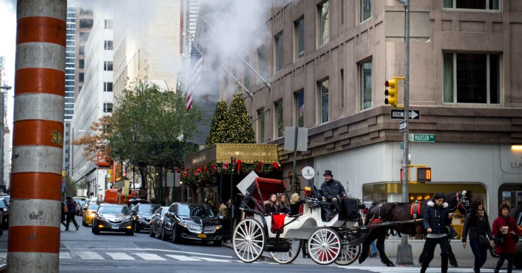 Busy New York City street with horse carriage and Christmas decorations.