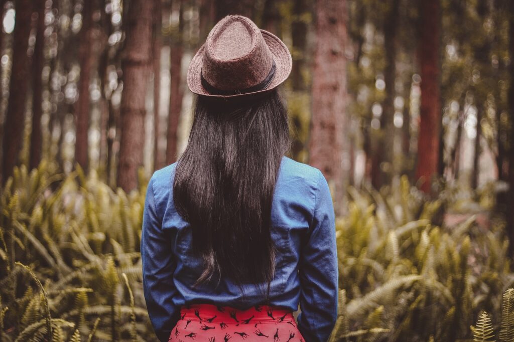 fashion, forest, girl, person, trees, woman, woods, hat, backside, long hair, outdoors, stylish woman, nature, long hair, long hair, long hair, long hair, long hair