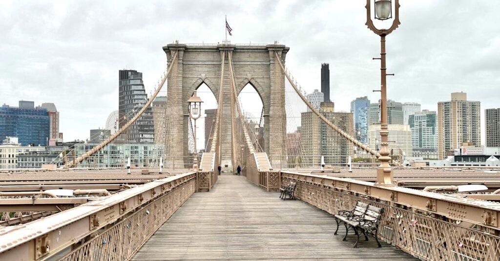 Iconic Brooklyn Bridge view with Manhattan skyline in the background, featuring classic architecture.