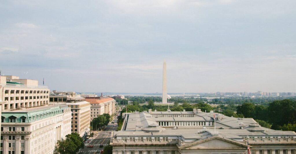 Breathtaking aerial view of the Washington Monument and surrounding architecture on a sunny day in Washington, D.C.