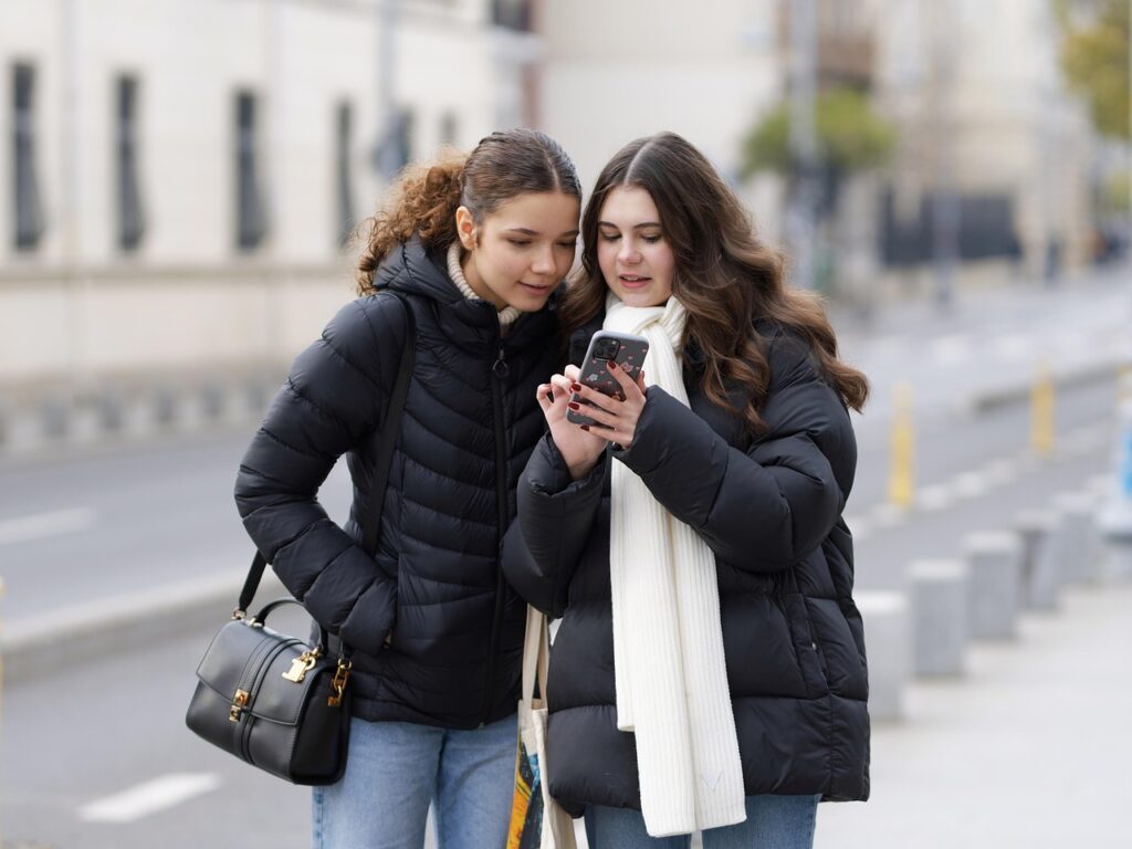 women, beauty, outdoors, casual, looking, smartphone, sidewalk, winter, urban, lifestyle, portrait, friends, women, friends, friends, friends, friends, friends